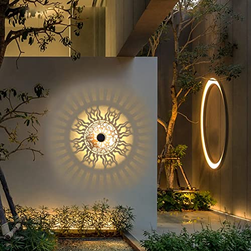 2 Pack Solar Fence Lights Metal Solar Powered Outdoor Wall Deck Lights Sun Moon Theme Waterproof Fence Light for Garden Post Patio Backyard Yard Decor (2 Count)