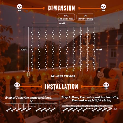 Orange Curtain Lights for Halloween (6.5 Foot)