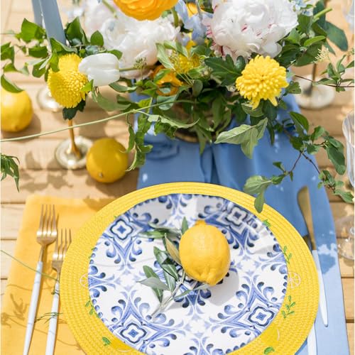 4Pcs Lemon Embroidered Placemats Round Place Mats Summer Lemon Greenery Leaves Dinner Table Mats for Home Wedding Baby Shower Birthday Party Decor (4 Count)
