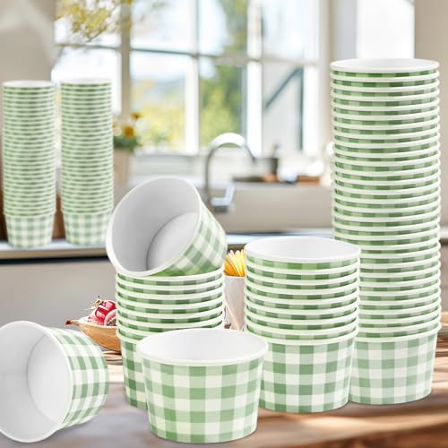 Greencian 120Pcs 12oz Gingham Ice Cream Cups for Hot or Cold Food