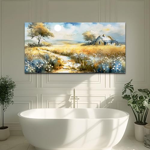 Vintage Wildflower Field Landscape Painting Wall Art For Dining Room Kitchen Art Print Country Field Mural Wall Decoration For Farmhouse And Living Room Bedroom Home Decoration 20x40 In