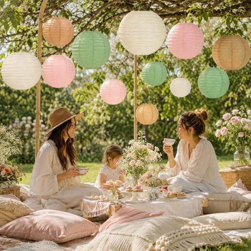 21-Pack Pink, Sage Green & Brown Paper Lanterns, Pastel Party Decor (21 Count)