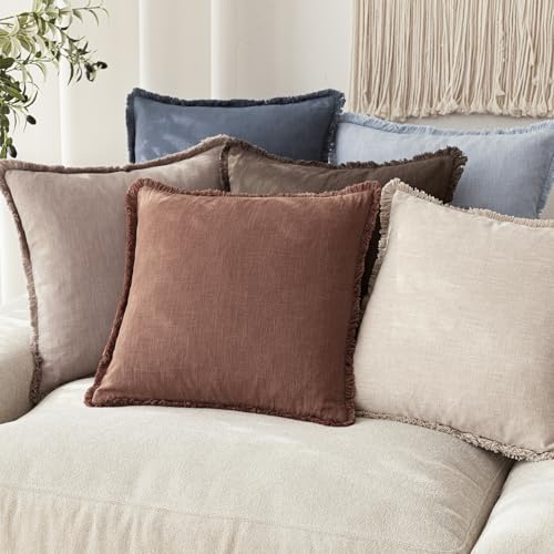 Decorative Linen Fringe Throw Pillow Covers 16×16 Inch (2 Count)