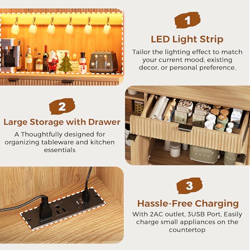 Fluted Kitchen Pantry Storage Cabinet with Charging Station & LED Lights