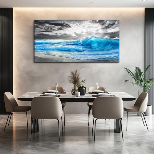 Large Canvas Blue Sea Wave Ocean Painting Wall Decor 30x60 In
