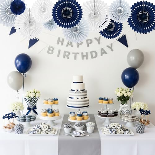 Honeycomb Round Paper Fan Blue Gray White Hanging Party Decoration