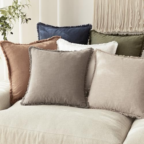 Decorative Linen Fringe Throw Pillow Covers 18×18 Inch (2 Count)