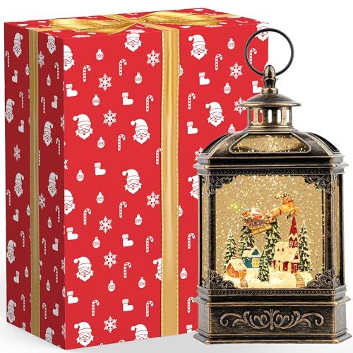 Christmas Snow Globe Swirling Glittering Lantern Santa Flying with Reindeer