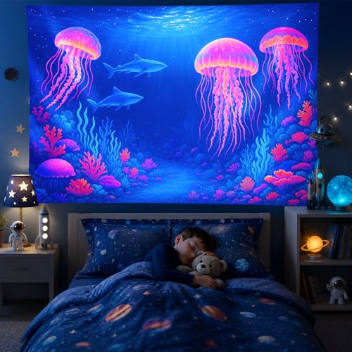 Blacklight Tapestry Jellyfish Shark Wall Art 78 x 59 Inch