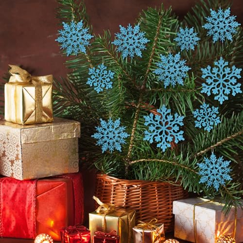 36pcs Christmas Light Blue Snowflake Ornaments Plastic Glitter Snow Flakes Ornaments for Winter Christmas Tree Decorations Size Varies Craft Snowflakes (36 Count)