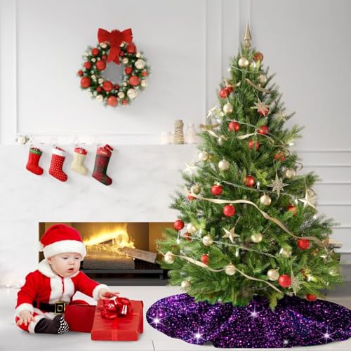 Purple Xmas Tree Skirt 36 Inch Sequins Christmas Tree Skirt Halloween Tree Skirts Velvet Xmas Tree Mat Unique Round Tree Collar Skirt Glitter Sequin Tree Cover for Christmas Halloween Party Decor