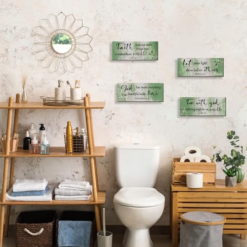 4 Pieces Green Bathroom Decor Bible Verses Wall Art Wooden Abstract Office Christian Wall Sign Religious Art for Women Office Home Bedroom Living Room (4 Count)