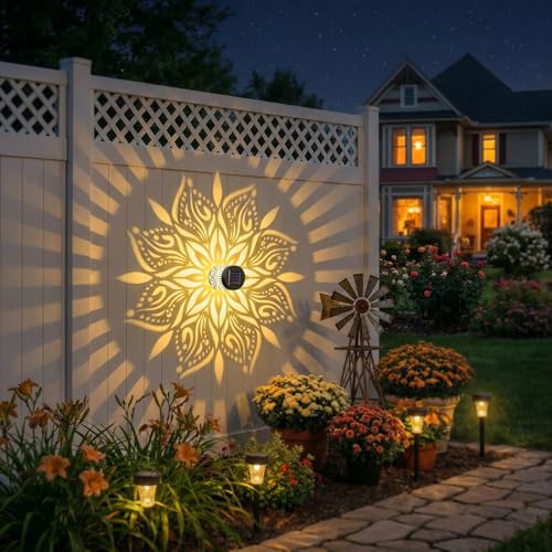 2 Pack Solar Fence Lights Metal Solar Powered Outdoor Wall Deck Step Lights Mandala Theme Waterproof Fence Light for Garden Post Patio Backyard Yard Decor (2 Count)