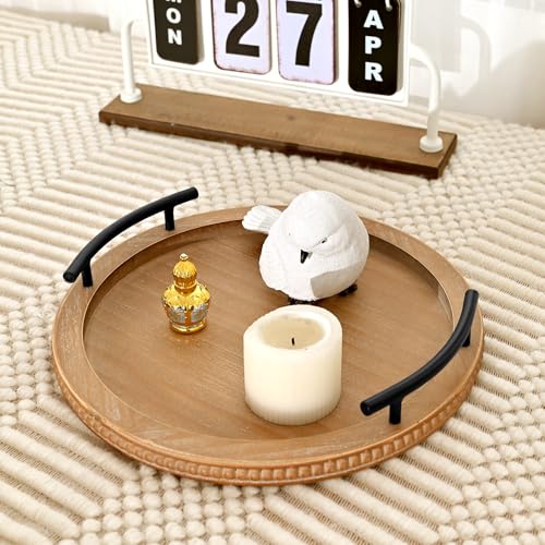 Brown Wooden Beaded Serving Tray with Handle Decorative Rustic Tray for Coffee Table Farmhouse Round Tray for Kitchen