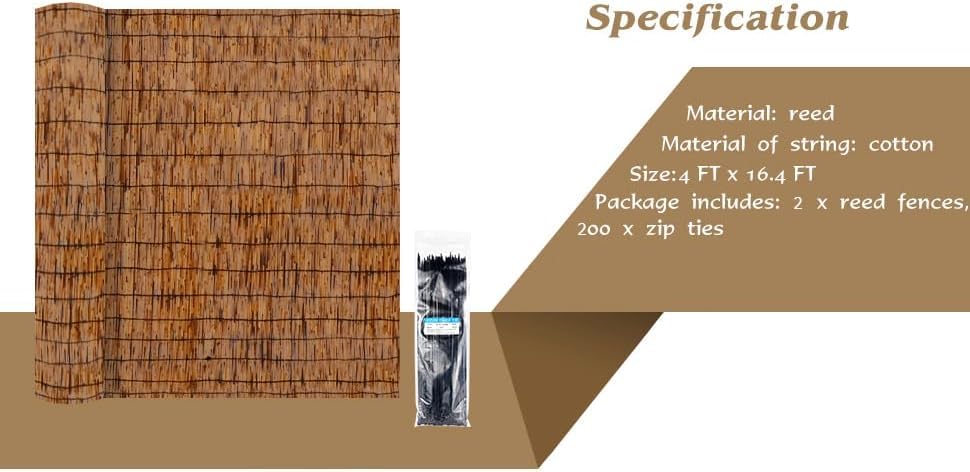 Reed Fencing Rolls 2 Pcs Natural Bamboo Fence 4FT X 16.4FT Privacy Screen Curtains Fence for Balcony Patio Garden Backyard Shades Outdoor (4 Sq Ft)