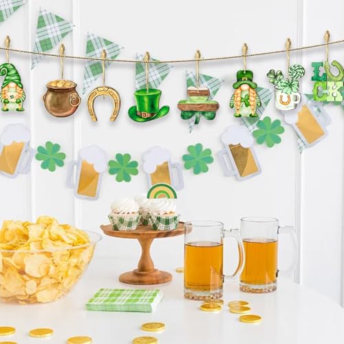 Mtruil 12 Pcs St Patricks Day Ornaments for Tree Shamrock Wooden Dwarf