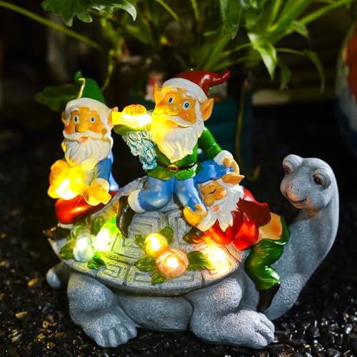 Solar Garden Outdoor Statues Gnome Turtle Three Gnomes Having Party on Turtle with 7 LED Lawn Decor Outside Decorations for Patio