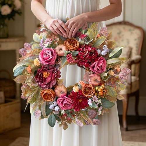 24 Inch Fall Floral Front Door Wreath Farmhouse Harvest Decor