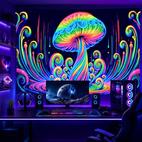 Blacklight Mushroom Tapestry 78x59 Inch UV Reactive Wall Hanging
