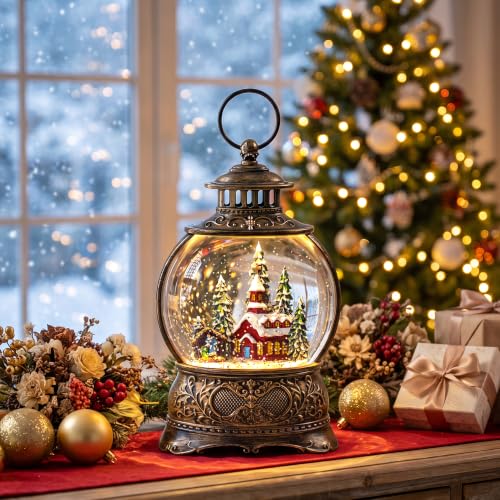 Christmas Snow Globes Christmas Water Lantern with Church & Nativity Scene Music & 6H Timer USB Lined