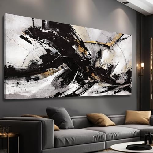 Abstract Wall Art for Living Room Canvas Wall Decor Large Artwork Black And Gold Wall Decorations Black Pictures for Wall 29"x58" (15 Count)