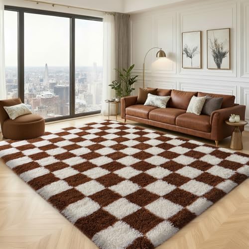 Fluffy Plush Shag Checkered Rug
