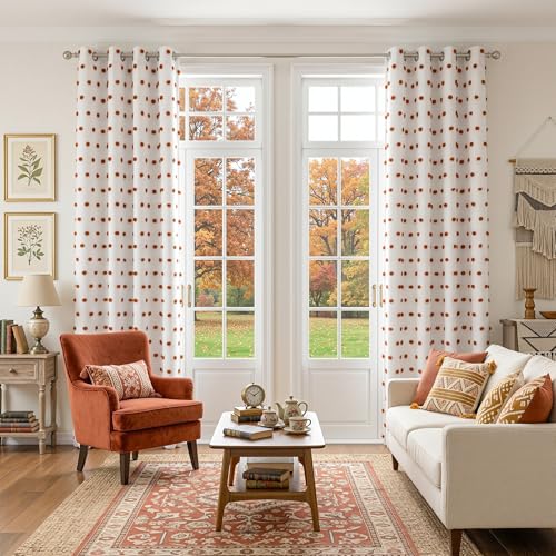 Boho Blackout Curtains 84 Inches Long for Bedroom 100% Room Darkening Curtain for Living Room Grommet Thermal Insulated Window Drapes with Terracotta Pom Pom Sheer 50W x 84L (2 Count)