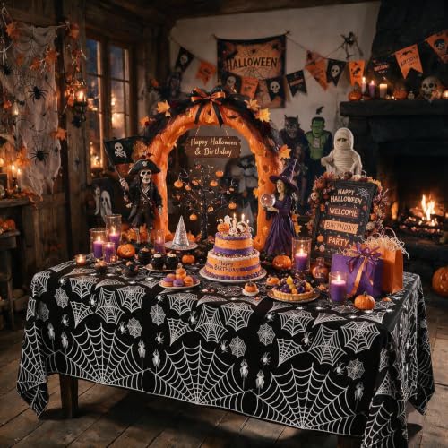 Halloween Tablecloth Plastic Black Spider Web Disposable Table Cover (4 Count)