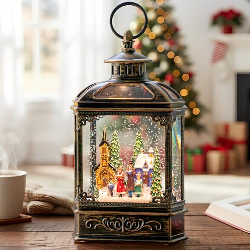 Christmas Snow Globe Lantern Water Glittering Town Home with Carolers