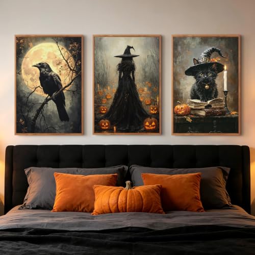 Black Cat Halloween Wall Art Dark Witch Gothic Print Set