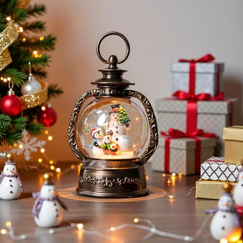 Christmas Snow Globe Lantern Water Glittering Snowman & Penguins with Music & Timer