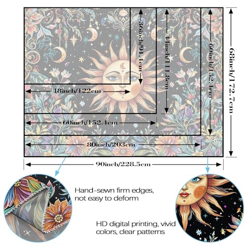 Sun and Moon Tapestry Hippie Boho Floral Wall Tapestry for Bedroom Aesthetic Colorful Flowers Vintage Celestial Botanical Plant Large Tapestries Wall Hanging for Living Room Dorm 80 x 60 Inch