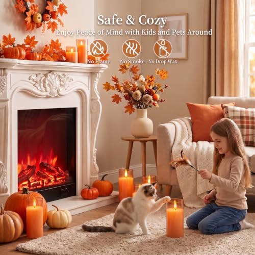 Orange Halloween Glass Flameless LED Pillar Candle with Remote Timer (3 Count)