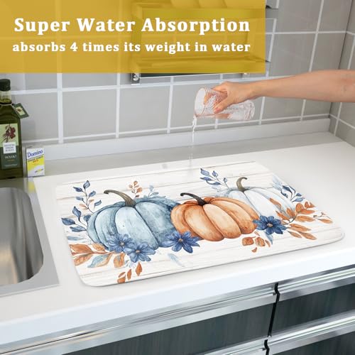 Fall Dish Drying Mat for Kitchen Counter Farmhouse Pumpkin Super Absorbent Reversible Microfiber Kitchen Countertop Protector Dishes Pad Large 18x24 inch