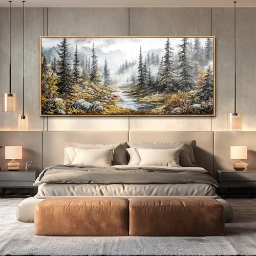 Misty Forest Paintings Wall Art For Bedroom Wall Decor For Living Room Office Tree landscape Wall Pictures Large Canvas Artwork Ready To Hang Modern Home Decorations Wood Framed 32x72 In
