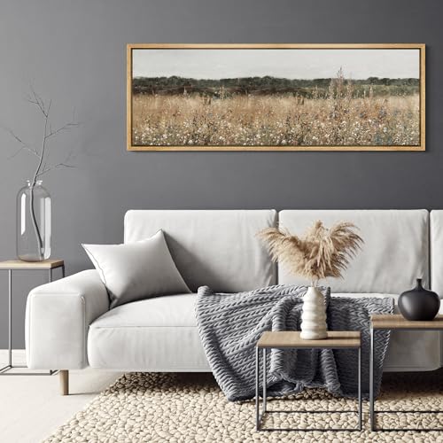 Large Framed Canvas Print Wall Art Misty Morning Meadow with Wildflowers Antique Retro Fine Art Illustrations Decorative Colorful for Bedroom