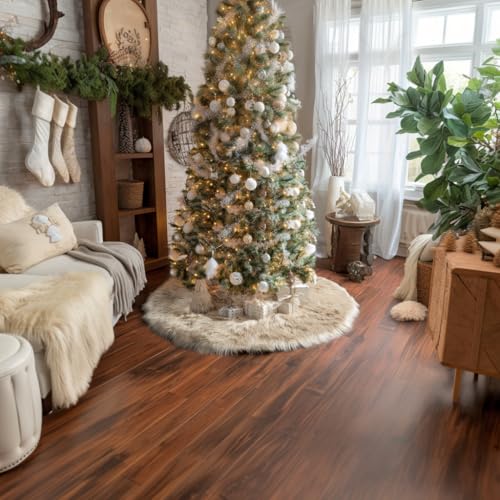 48 Inch Faux Fur Christmas Tree Skirt Beige Plush Skirt for Merry Christmas Party Christmas Tree Decoration