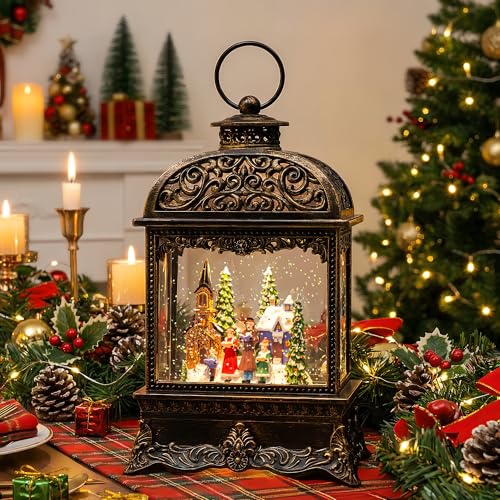 Christmas Village Snow Globe Water Lantern with Church Carolers Scene Battery Operated or USB Powered Musical Lighted Holiday Decoration for Tabletop Display for Family and Friends