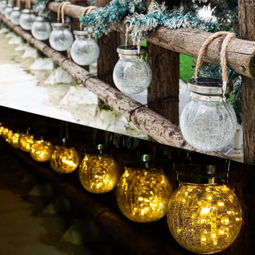 6 Pack Gifts for Him Her Solar Lanterns Outdoor Waterproof Heavy Crackle Glass 30 LED Warm Firefly Lights Solar for Women Mom Grandma Outdoor Table Lamps Garden Yard Decor (6 Count)