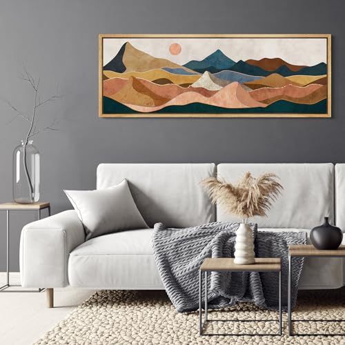 Large Framed Canvas Print Wall Art Desert Peaks Colorful Geometric Mountain Illustrations Antique Retro Fine Art Illustrations Decorative Colorful for Bedroom