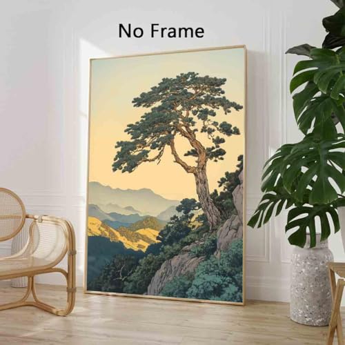 Mountain Landscape Painting Pine Tree Canvas Chinese Style Painting Forest Tree Wall Art Retro Nature Posters Green Plants Paintings Modern Abstract Picture Landscape Room Decor 16x24inch No Frame