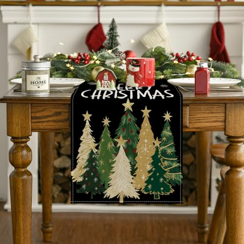 Xmas Trees Snowflakes Black Merry Christmas Table Runner