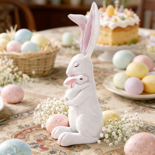 Easter Bunny Figurine Cartoon Cute Mother and Child Rabbit Desk Display Ornament Cute Rabbit Mom Holding a Little Rabbits Resin Easter Statue for Home and Office Tabletop Decor Supplies