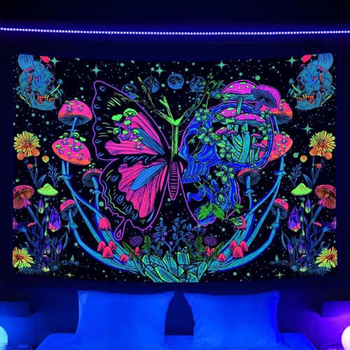 Blacklight Skull Butterfly Tapestry