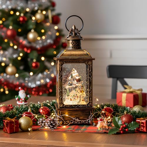 Christmas Village Buildings Snow Globe Lantern Water Glittering Snowman Family with Music & Timer