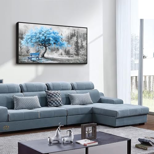 Large Black Framed Wall Decor For Living Room Canvas Wall Art For Office Modern Wall Decorations For Bedroom Blue Tree Landscape Paintings Black And White Pictures Home Decor 24x48 In