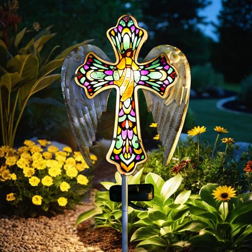 Solar Glass Cross Stake Lights with Angel Wings (2 Count)