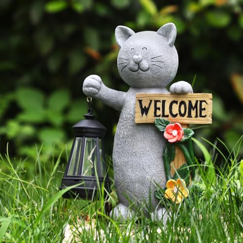 Garden Statue Solar Cat Figurine with Lantern