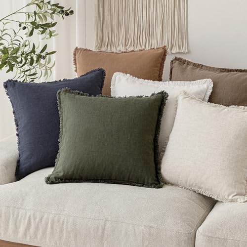 Decorative Linen Fringe Throw Pillow Covers 20×20 Dark Green (2 Count)