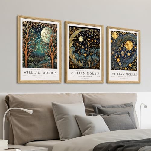 Wood Framed William Morris Moon Star Wall Art Set of 3